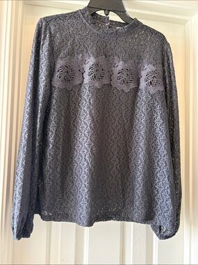 Loft Grey Lace Floral Appliqué Blouse Medium/ Long Sleeve Mock Neck Top